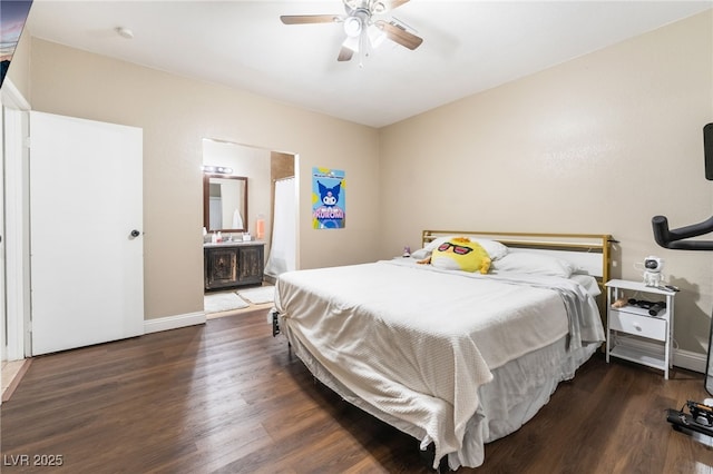 bedroom featuring a ceiling fan, baseboards, and wood finished floors