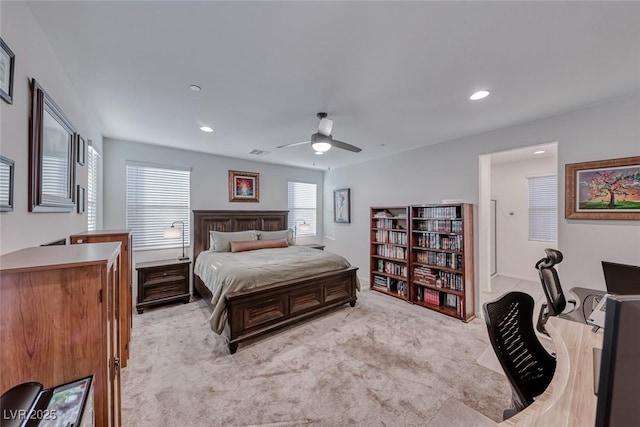 bedroom with recessed lighting, visible vents, carpet, and a ceiling fan