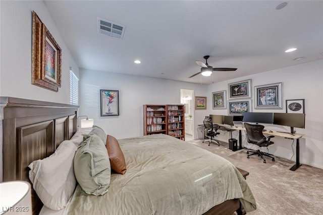 bedroom featuring recessed lighting, visible vents, carpet flooring, and a ceiling fan