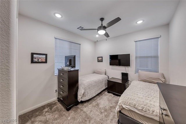 bedroom with visible vents, a ceiling fan, recessed lighting, carpet, and baseboards