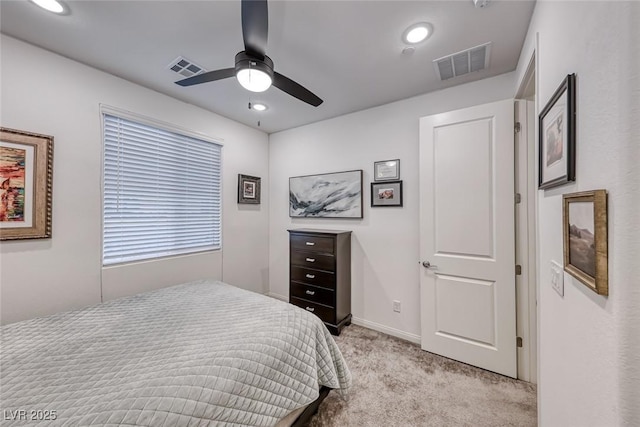 bedroom with recessed lighting, visible vents, light colored carpet, and a ceiling fan