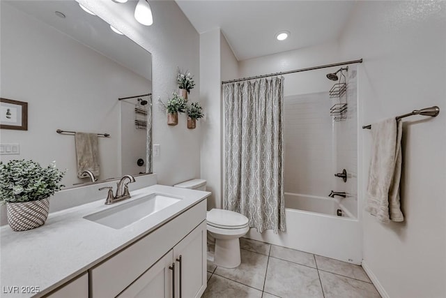 full bath with tile patterned floors, shower / tub combo, toilet, and vanity