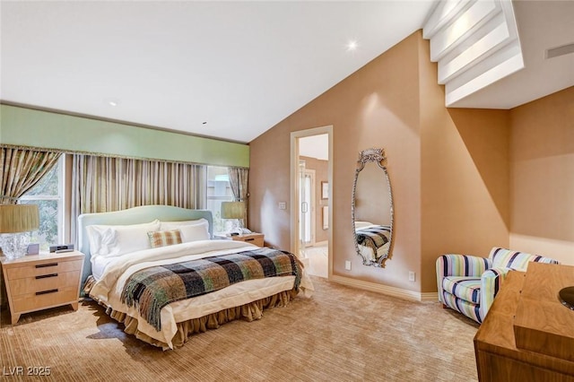 bedroom featuring lofted ceiling, baseboards, visible vents, and light carpet