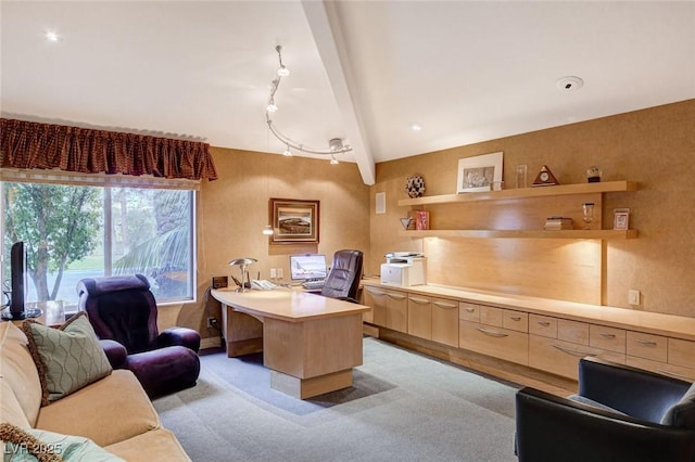 office featuring light carpet and vaulted ceiling with beams