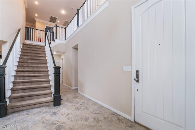872 Timber Walk Dr, Henderson, NV 89052 - staircase with baseboards, visible vents, a high ceiling, recessed lighting, and crown molding