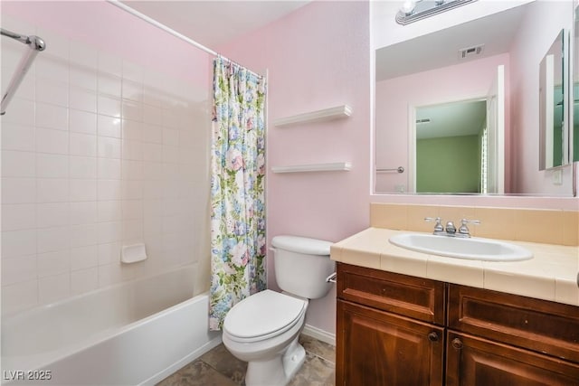 872 Timber Walk Dr, Henderson, NV 89052 - bathroom with tile patterned floors, visible vents, toilet, shower / tub combo with curtain, and vanity