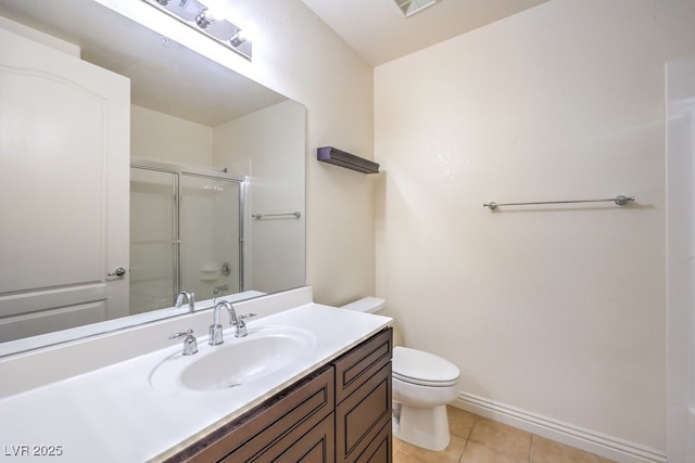 full bath featuring baseboards, toilet, tile patterned floors, an enclosed shower, and vanity