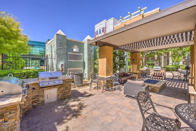 view of patio / terrace with area for grilling, an outdoor hangout area, a grill, and a pergola