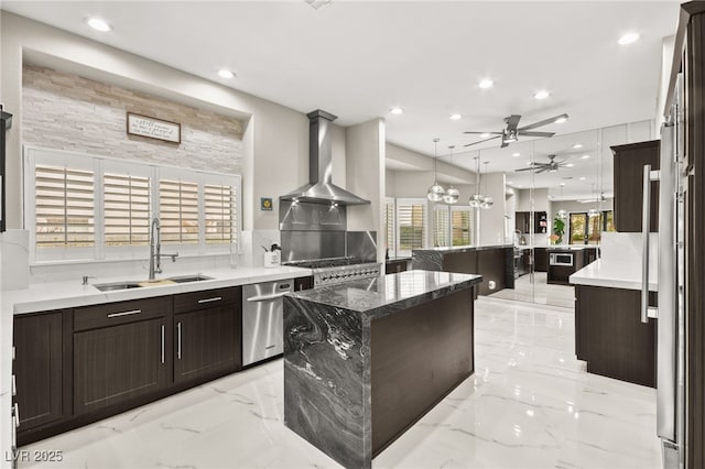 kitchen featuring a sink, stainless steel dishwasher, wall chimney exhaust hood, marble finish floor, and a center island