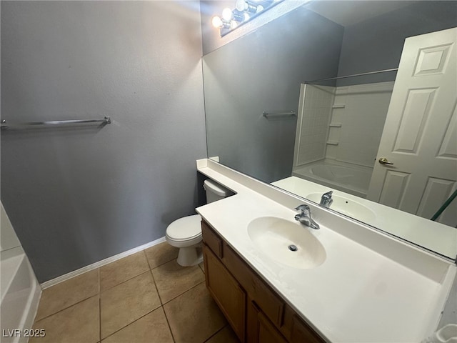 full bathroom featuring vanity, baseboards, shower / bath combination, tile patterned floors, and toilet