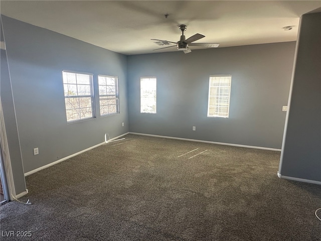 unfurnished room featuring visible vents, a ceiling fan, baseboards, and dark carpet