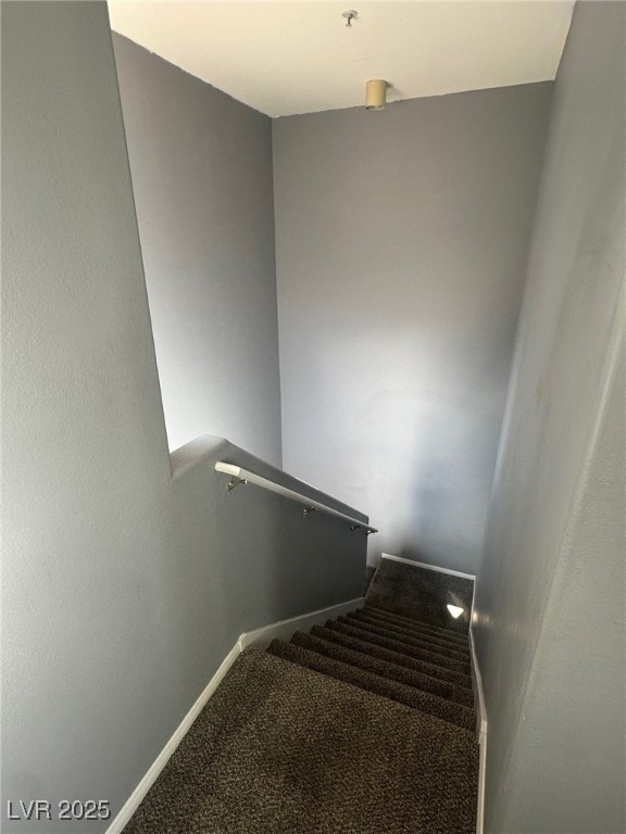 stairway featuring baseboards and carpet flooring