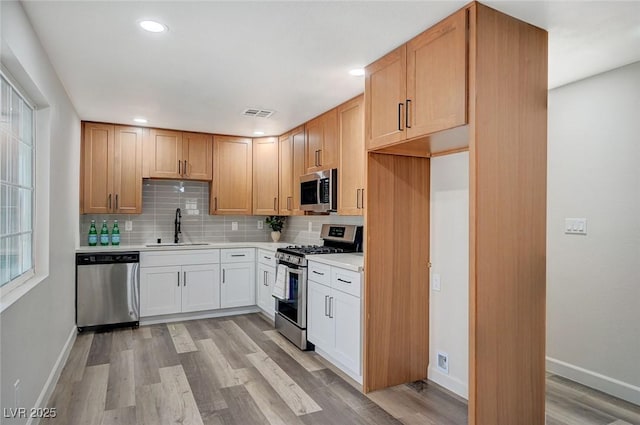 kitchen featuring light wood-type flooring, a sink, tasteful backsplash, appliances with stainless steel finishes, and light countertops