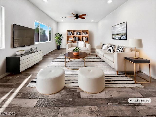 living area with visible vents, a ceiling fan, wood finished floors, recessed lighting, and baseboards