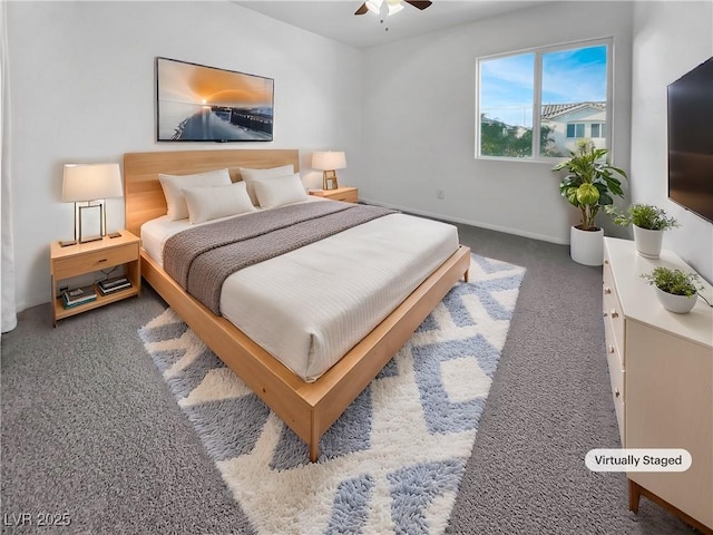 bedroom featuring a ceiling fan, baseboards, and carpet floors