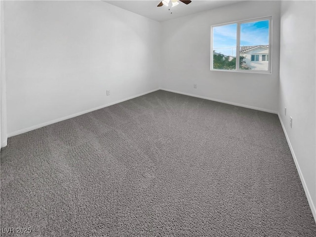 unfurnished room featuring baseboards, ceiling fan, and carpet flooring