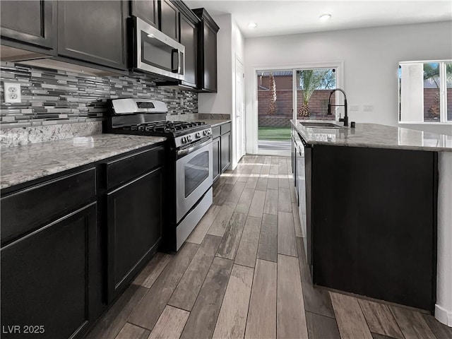 kitchen featuring wood finish floors, an island with sink, a sink, stainless steel appliances, and backsplash