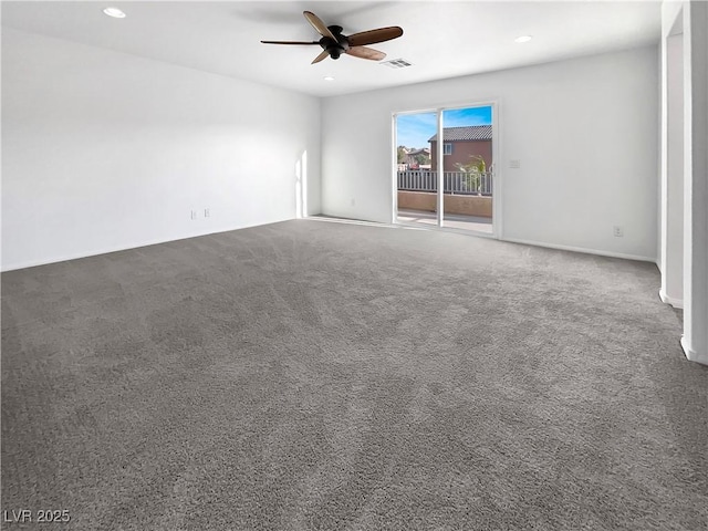 unfurnished room featuring recessed lighting, visible vents, carpet, and a ceiling fan