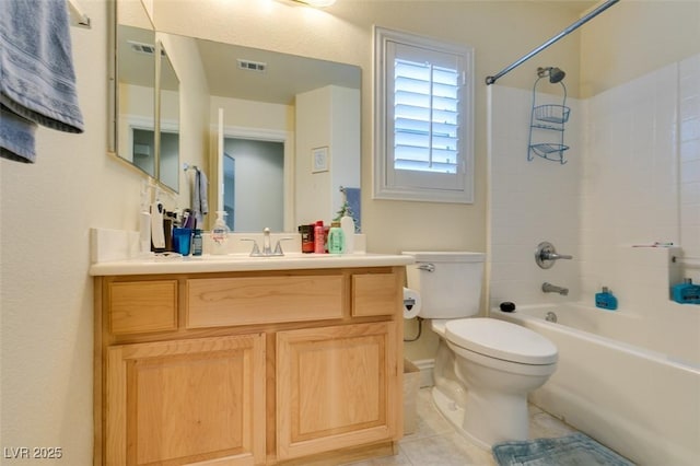 bathroom with vanity, visible vents, shower / bath combination, tile patterned floors, and toilet