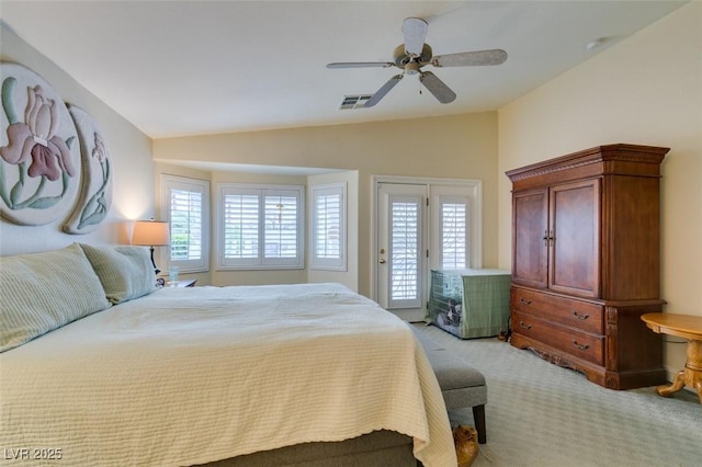 bedroom featuring visible vents, lofted ceiling, ceiling fan, access to exterior, and light carpet