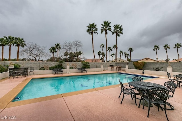 view of swimming pool featuring a fenced in pool, a fenced backyard, and a patio area