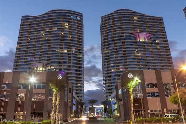 view of property at dusk