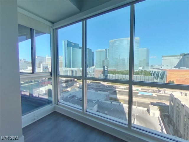 empty room with a wealth of natural light, dark wood finished floors, and a view of city