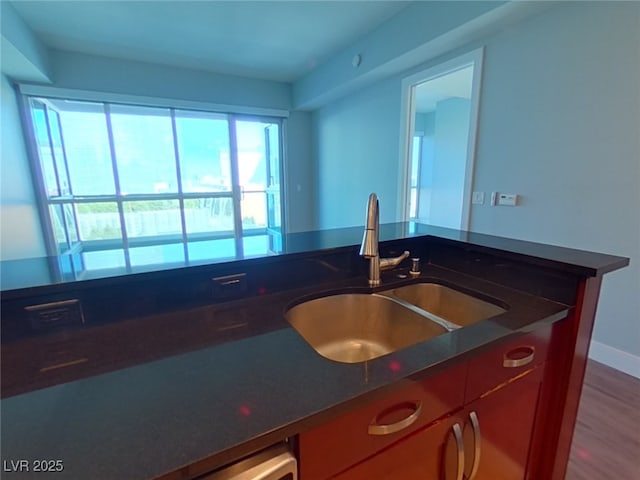 kitchen featuring a sink, dark countertops, and wood finished floors