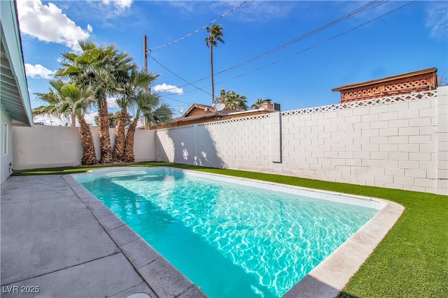 view of swimming pool featuring a patio, a fenced backyard, and a fenced in pool