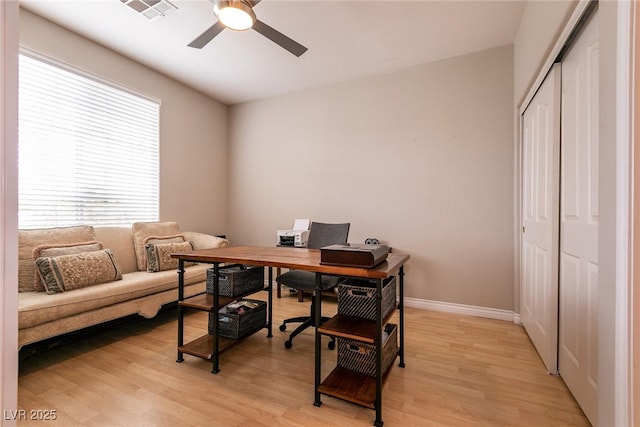 home office featuring baseboards, visible vents, light wood finished floors, and ceiling fan