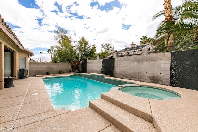 view of swimming pool featuring a pool with connected hot tub, a fenced backyard, and central AC