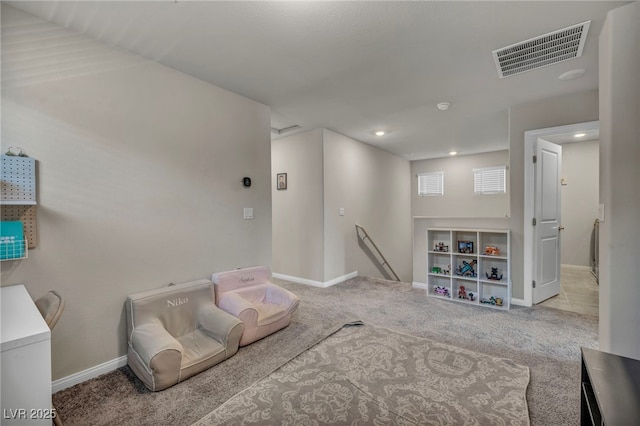 playroom with recessed lighting, carpet, visible vents, and baseboards