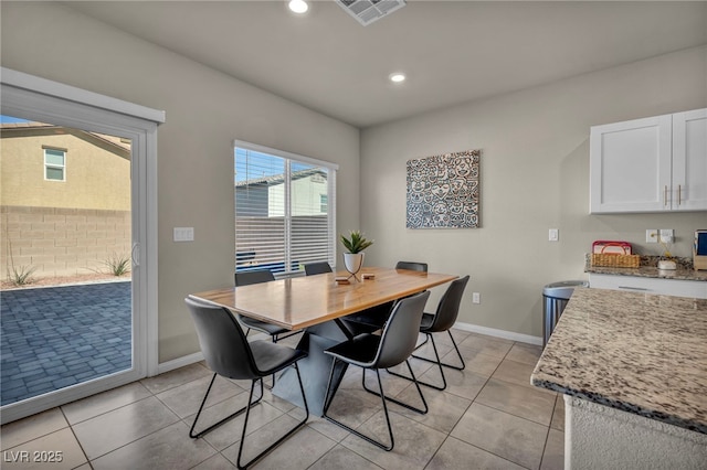 dining space featuring light tile patterned floors, visible vents, recessed lighting, and baseboards