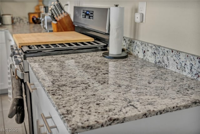 room details with light stone counters and stainless steel gas stove