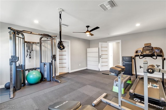 exercise area featuring visible vents, recessed lighting, baseboards, and a ceiling fan