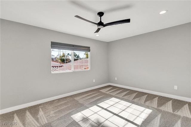 carpeted spare room with recessed lighting, baseboards, and ceiling fan