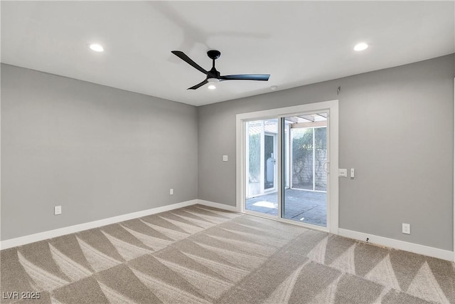 carpeted empty room featuring recessed lighting, a ceiling fan, and baseboards