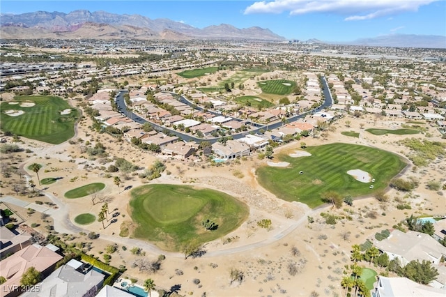 bird's eye view with a mountain view, a residential view, and golf course view