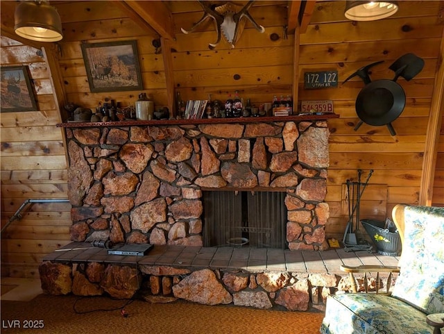 interior details featuring wooden walls and a stone fireplace