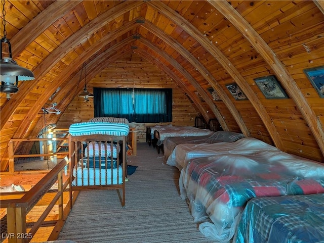 bedroom featuring carpet flooring, wood walls, wooden ceiling, and lofted ceiling