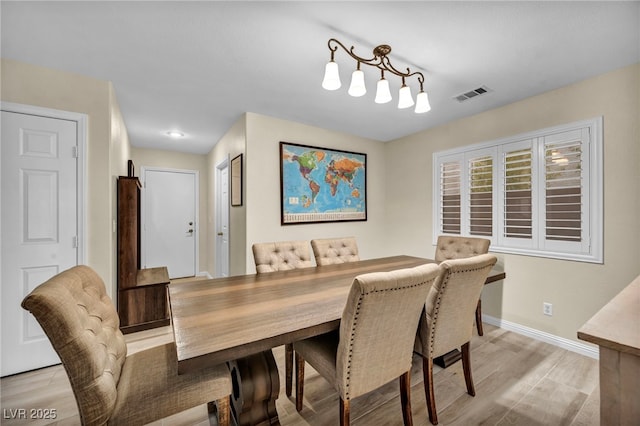 dining room with light wood-style floors, visible vents, and baseboards