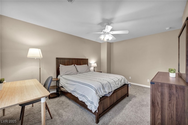 bedroom with baseboards, light colored carpet, and ceiling fan