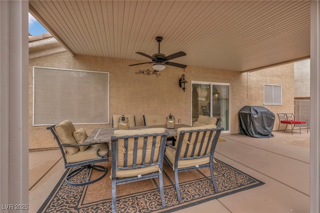 view of patio / terrace featuring ceiling fan, outdoor dining space, and grilling area