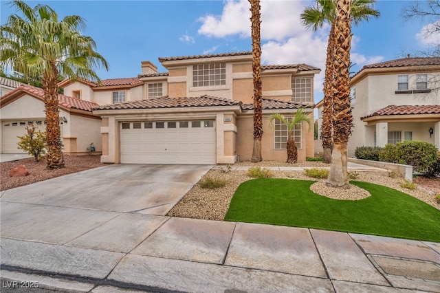 mediterranean / spanish-style house featuring concrete driveway, a tile roof, stucco siding, a chimney, and a garage