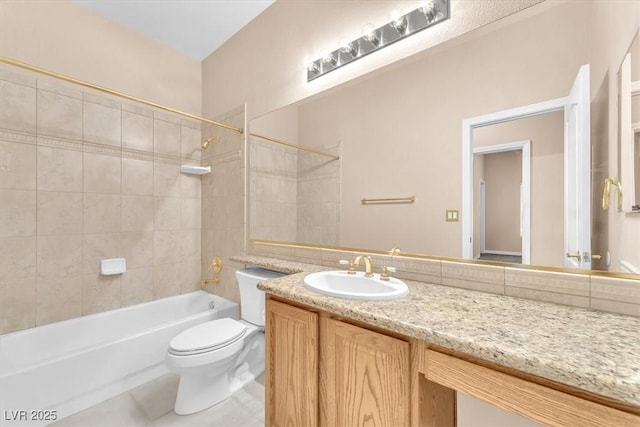 bathroom with shower / bath combination, toilet, vanity, and tile patterned flooring