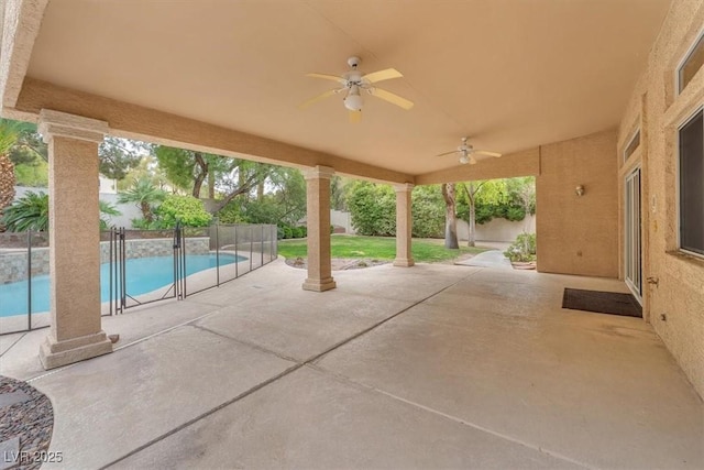 view of patio / terrace featuring a fenced in pool, a ceiling fan, and a fenced backyard