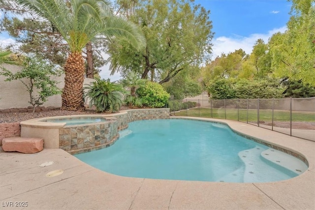 view of pool featuring an in ground hot tub, fence, a fenced in pool, and a patio