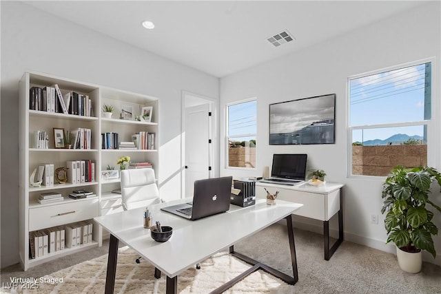 office with plenty of natural light, recessed lighting, baseboards, and visible vents