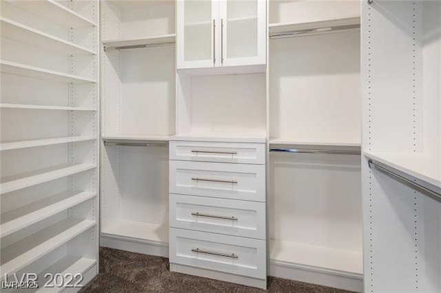 spacious closet featuring dark carpet