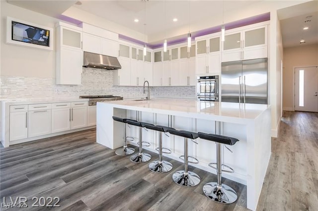 kitchen featuring wood finished floors, a sink, stainless steel appliances, white cabinets, and under cabinet range hood